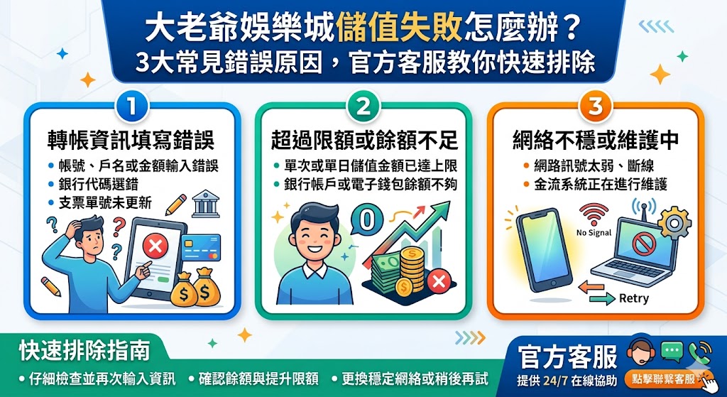 大老爺娛樂城儲值失敗怎麼辦？3大常見錯誤原因，官方客服教你快速排除